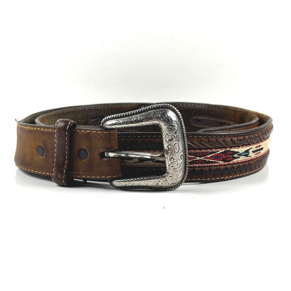 Silver Creek Leather Belt Mens 40 Brown Southwestern Woven Braided Buckle Aztec